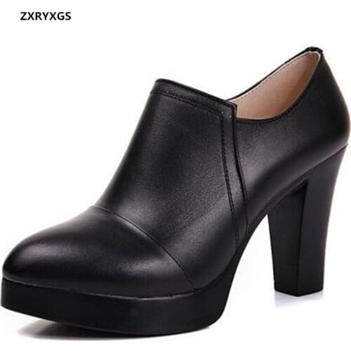 2019 Spring New Cow Leather Shoes Woman Large Size Comfort Plus Velvet Women High Heel Shoes Non-slip Deep Mouth Fashion Shoes