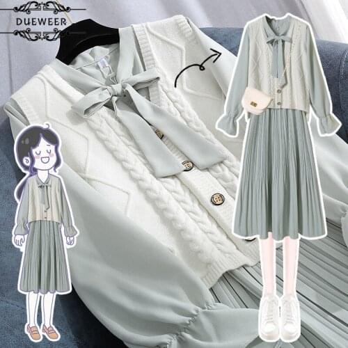 Women Sets Knitted Sweater Cardigans Dress Suit Casual Patchwork V-neck Single Breasted Lace Up Pleated Slim Elegant Large Size