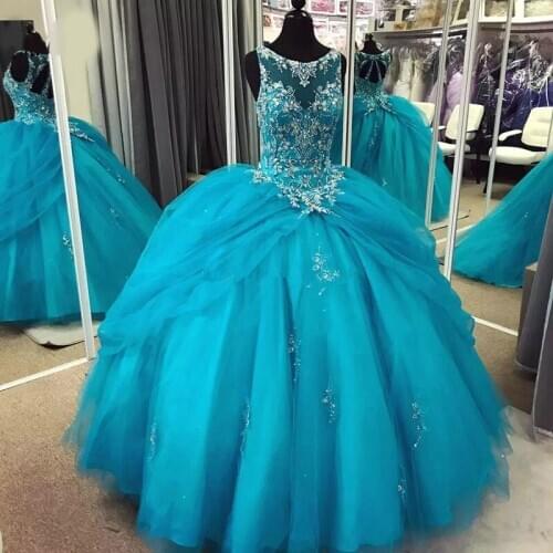Newest Light Blue Tiered Skirt Ball Gown Quinceanera Dresses Open Back Sleeveless Beading Crystals Sweet 16 Prom Party Dresses