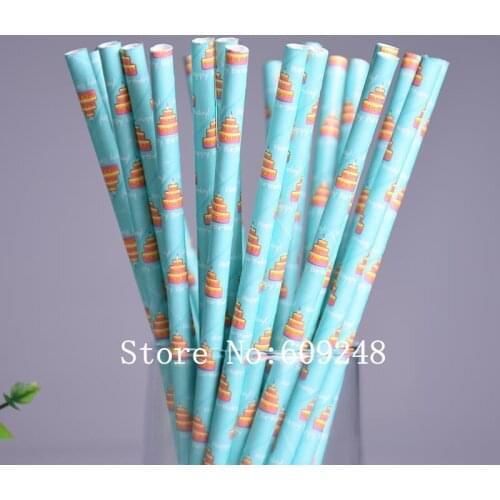 100pcs Happy Birthday Cake Paper Straws,Kids Children Birthday Party Baby Shower,Light Blue Mason Jar Drinking Straws Bulk