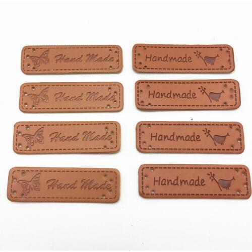 20pcs 50x15mm Handmade With Birds Butterfly PU Leather Garment Labels Embossed Rectangle Tag DIY Jeans Jacket Sewing Patch