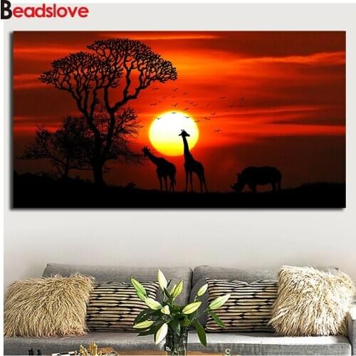 3D Mosaic Diamond Painting Giraffes Sunset Wild Animal Natural Landscape Diamond Embroidery 5D DIY Diamond Painting Cross Stitch