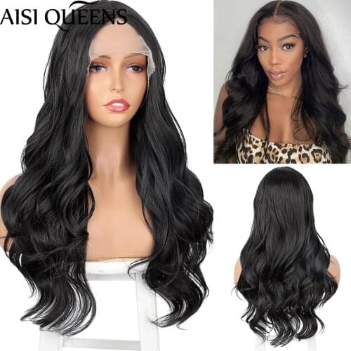 AISI QUEENS 26inches Lace Front Wigs Long Black Nature Wave Synthetic Wigs for Women Red Ombre Blonde Orange Natural Hairline