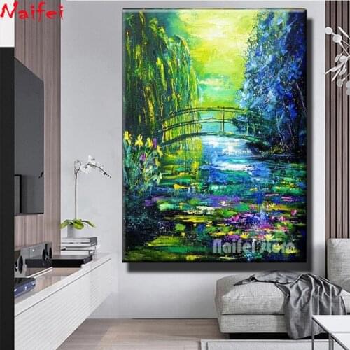 Bridge Over Water Lily Pond Landscape 5D DIY Diamond Painting Diamond Embroidery Rhinestone Mosaic Full Square Round Home Decor