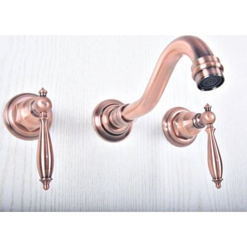 Antique Red Copper Brass Wall Mounted Dual Handles Widespread Bathroom 3 Holes Basin Tub Faucet Mixer Water Taps msf502