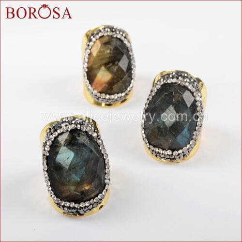 BOROSA 5/10PCS Natural Labradorite Stone Gold Color Band Rings, New Freeform Gems Stone pave cz Adjustable Rings Jewelry JAB899