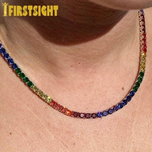 New 1 Row Rainbow 5mm CZ Tennis Chain Necklace Rose Gold Color Hip Hop Round Cut Iced Out Cubic Zirconia Mens Women Jewelry
