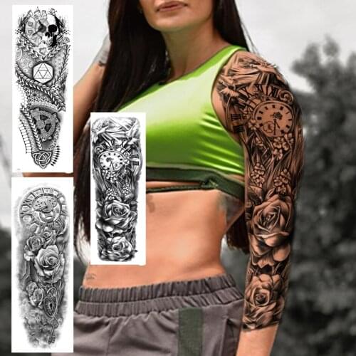 DIY Clock Rose Temporary Tattoos Sleeve For Women Men Indian Skull Full Arm Fake Tattoo Extra Large Disposable Tattoo Stickers