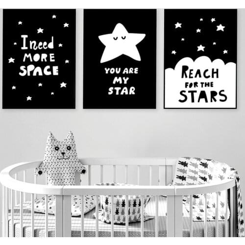 Black and White Cartoon Stars Nordic Canvas Painting Quotes More Space Cloud Wall Art Poster Prints Decor for Nursery Baby Room