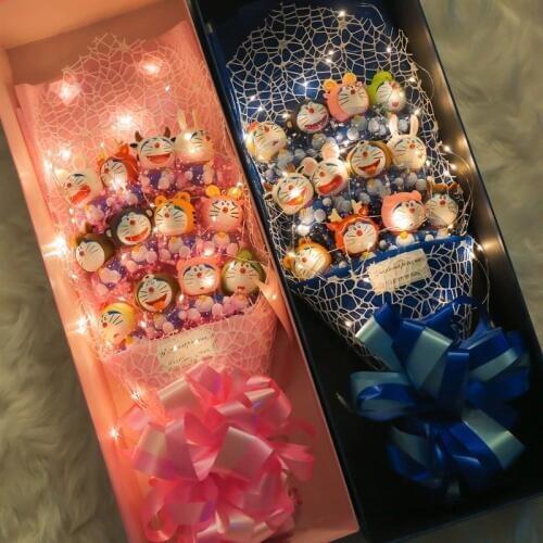 Kawaii Doraemon Cat Cartoon Bouquet Cat Plush Doll Toy Anime Cat PVC Animal Dolls Valentines Day Romantic Wedding Gift No Box