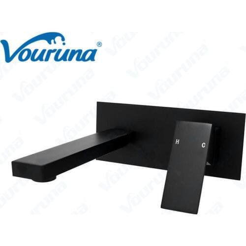 Square Style Cubix Matte Black Wall Basin Faucet Sink Mixer Bathroom Tap Vessel Taps Wall Spout with Plate