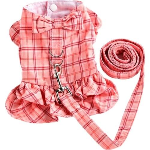 Summer Thin Cotton Plaid Dog Dress Harness with leash Pet skirt Dog Clothes