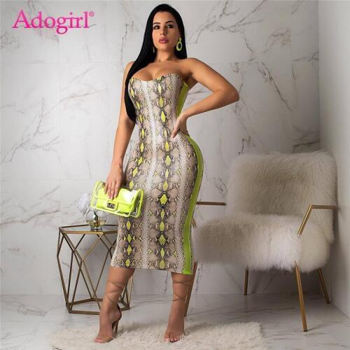 Adogirl Snakeskin Print Strapless Midi Summer Dress Women Fashion Sexy Bodycon Night Club Party Dresses Female Trendy Outfits