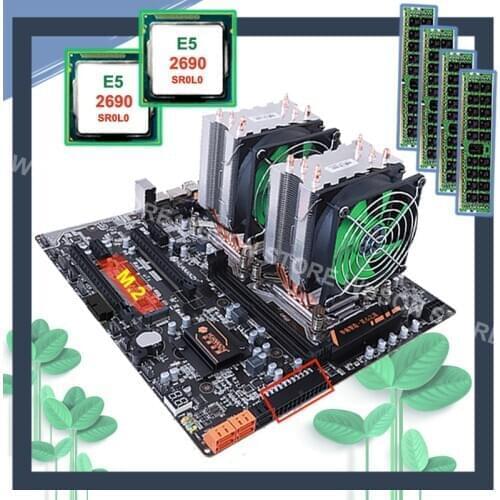 HUANANZHI X79-4D Motherboard with M.2 Slot 2 Giga LAN Port Dual CPU Xeon E5 2690 2.9GHz 2 Coolers Big Brand RAM 64G(4*16G) RECC