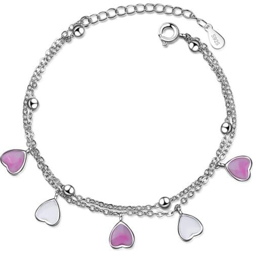 ModaOne Sweet 925 Sterling Silver Pink Glaze Cherry Blossom Petals Gradient Heart Shaped Double Layer Chain Bracelets