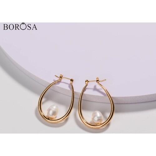 Minimalist Gold Geometric Metal Drop Earrings with Natural Pearl Beads Women Baroque White Pearl Loop Earrings for Women WX1666