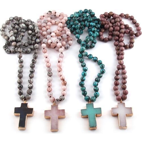 Fashion Bohemian Tribal Jewelry Stone long Knotted Stone Cross Pendant Necklaces Women Ethnic Necklace