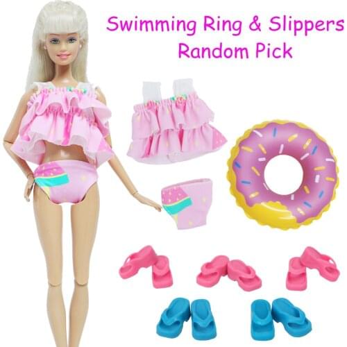 Fashion 7 Pcs/Lot 1x Vsco Girl Summer Swimsuit Bikini With Random 1x Swimming Ring 5x Slippers Shoes Clothes for Barbie Doll