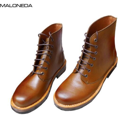 MALONEDE Handmade Retro Round Toe Mens Lace up Ankle Short Boots Genuine Leather Sole Bespoke With Goodyear welted