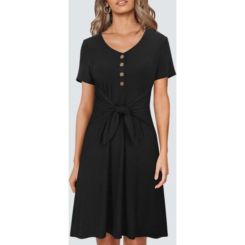 Casual Retro Wooden Buttons Knot Solid Color Fashion Brief Loose Women Party Dress 1HA244