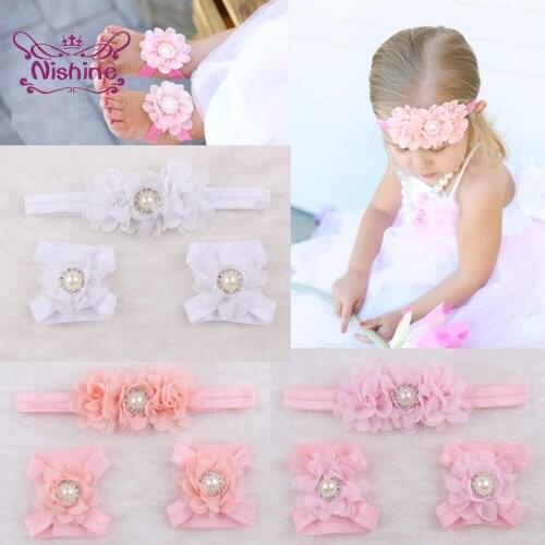 Nishine Newborn Baby Girls Elastic Headband and Pearl Flower Kids Barefoot Sandal Shoes Set Child Accessories Photography Props
