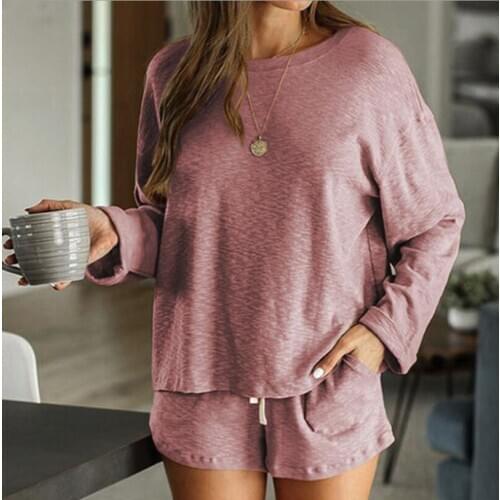 New Style Casual Pajama Set Women Round Collar Solid Color Homewear 2-piece Set Autumn Cotton Sleepwear for Women