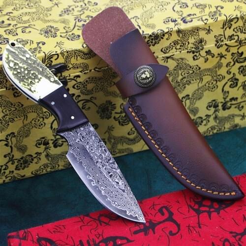 Damascus steel outdoor hunting knife, imitation Antler ABS outdoor tactical straight knife jungle rescue defensive knife