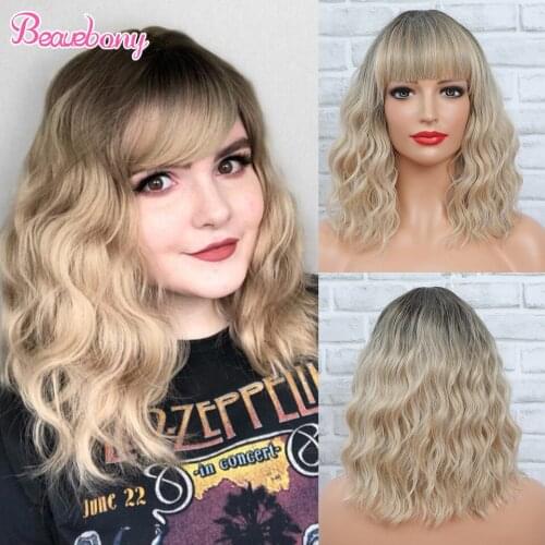 Beauebony Synthetic Hair Blonde Bob Wig With Bangs Short Curly Wigs For Black Women Pink Purple Blue Green Burgundy Lolita Wig