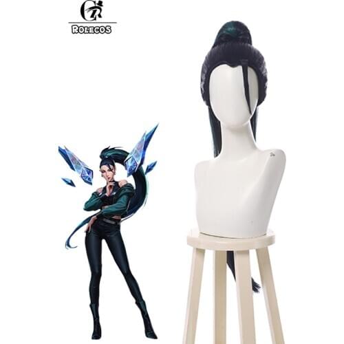 ROLECOS Game LOL KDA Baddest Kaisa Cosplay Wigs LOL KDA Cosplay Mixed Blue Interval Green Horsetail Heat Resistant Synthetic Wig