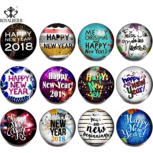 Royalbeier 12pcs Happy New Year Glass Buttons For 18mm Snap Jewelry Letters Print Beads Copper Cabochon Fit Snap Button Bracelet