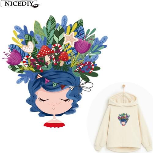 Cute Girls Iron on Heat Transfer Printing Cartoon Stripes flower Patches Stickers for Clothes Patch Appliques Washable Patches