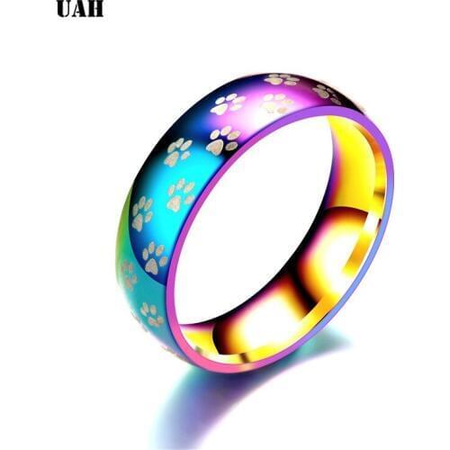 UAH Cat Dog Stepprint Titanium Ring For Men Women Wedding Bands Trendy Rainbow Groove Rings Jewelry USA Size