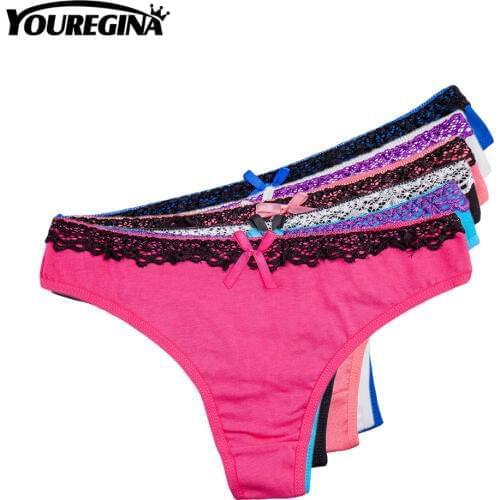 YOUREGINA Women Thongs G-strings Sexy Cotton Panty Ladies Panties Underpants 6pcs/lot Lace Bow Patchwork Comfortable M L XL