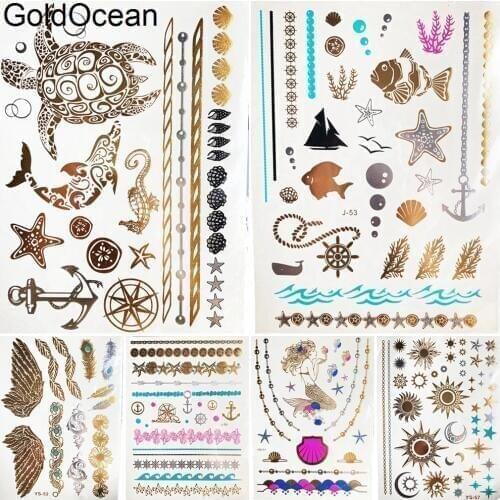 Ocean Turtle Fish Starfish Temporary Tattoo Gold Metallic Girl Hand Water Transfer Tattoos Women Anchor Arm Flash Tatoos Chains