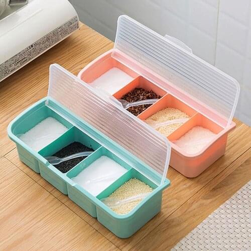 4 Grids Seasoning Storage Box With Spoons Kitchen Spice Storage Container Condiment Jars For Spice Sugar Salt