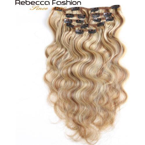 Rebecca Hair Clip 7Pcs In Human Hair Extensions Body Wave Remy Hair Clip Blonde Color#P6/613 Full Head 7Pcs/Set Remy Hair Weaves