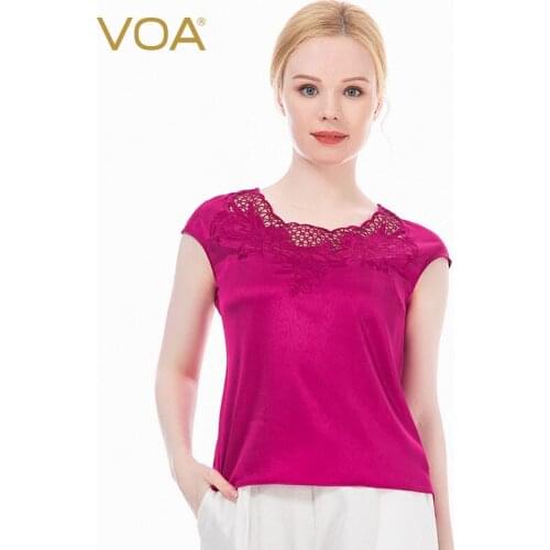 VOA Satin 19m/m Stretch Silk Fluted Collar Lace Splicing Package-shoulder Short Sleeve T-shirt BE03 Tshirt Befree T Shirt Women