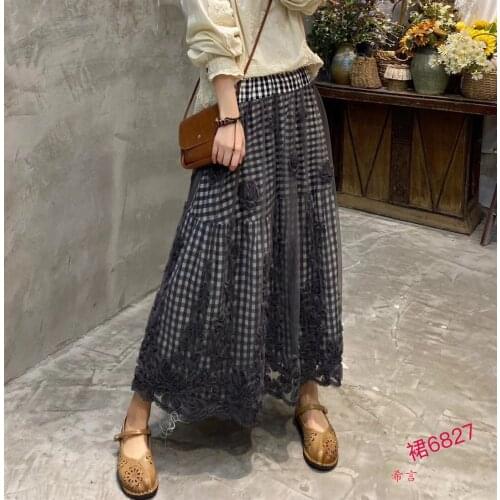 SH6827 Japan Style Mori Girl Floral Print Midi Skirt 2021 Spring Lace Hollow out Hem A-line Women Skirts