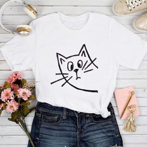 T-shirts Women Cat Face Mujer Camisetas Pet Clothing Spring Summer Tshirt Top Lady Stylish Sweet Print Clothes Tee T-Shirt