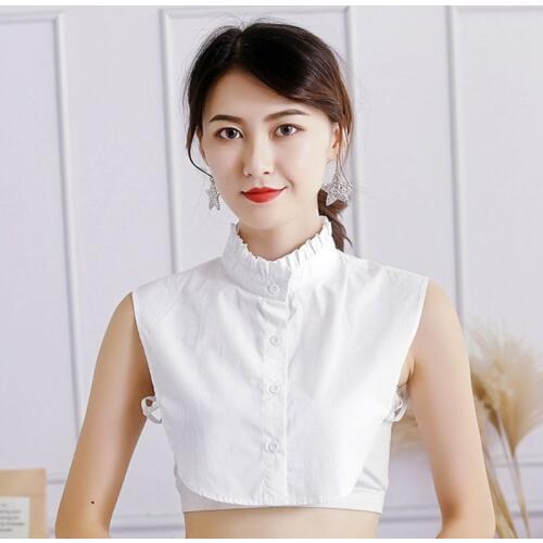 Women Sweet Wrinkled Ruffles Fake Stand Collar Layering White Sweater Half-Shirt