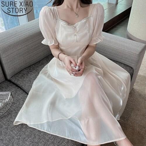 Spring Summer Dresses 2021 New Sweet Square Collar Flare Sleeve Dress Women High Waist Short Sleeve Midi Long Dress Robe 14088