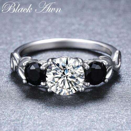 [BLACK AWN] Round Real 925 Sterling Silver Ring Black Spinel Finger Elegant Rings for Women G090
