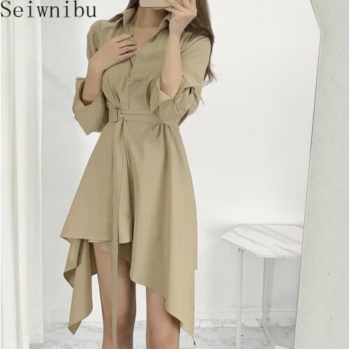 2020 New Summer And Autumn Women Vintage Loose High Waist Slim Was Thin Elegant High Waist Irregular Hem Dress