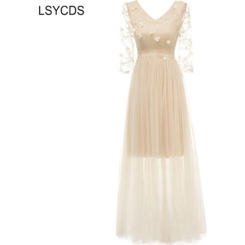 2020 Sexy V-Neck 3/4 Sleeve Vintage Mesh Maxi Dress Elegant Embroidery Ladies Dresses Formal Party Women Long Dress