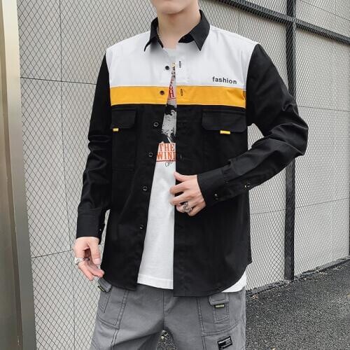 2019 New Autumn Korean Version of Slim Shirt Mens Long-sleeve Shirt Menswear Fashion Trend with A Solid Color Inch Shirt