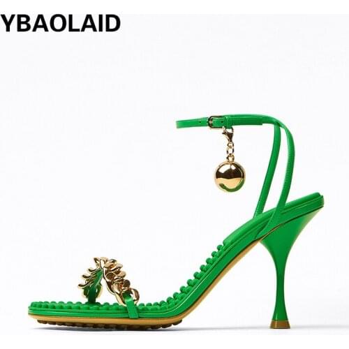 Open Toe Cowhide Stiletto Fashion Sandals 2021 Summer New Style Chain Ankle Strap Small Golden Ball Decoration Sexy High Heels