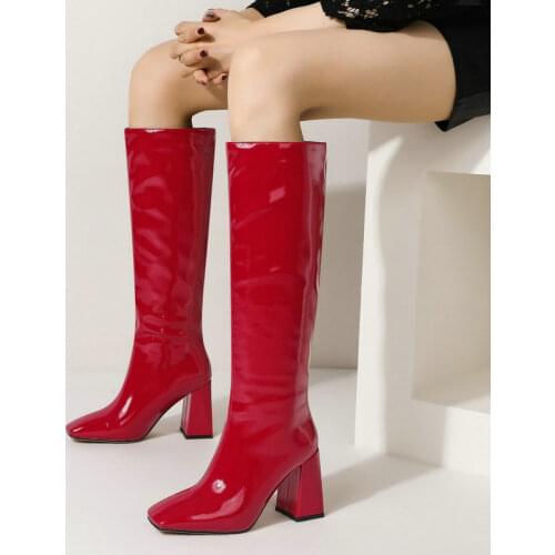 Brand Design Square Toe Knee High Boots Women Fashion Mirror Leather Thick Heel Long Boots Women Pop Winter New Shoes Purple