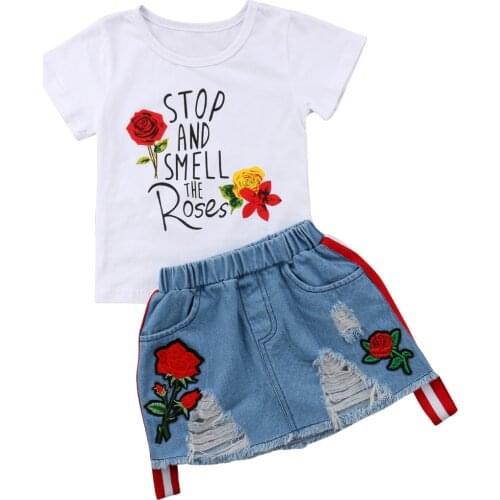 Kid Casual Clothing Set 2Pcs Baby Toddler Girls Kids Overalls Denim Skirt+Letter Rose Floral T-shirt Clothes Set Outfits Summer
