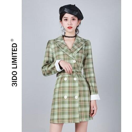 Lapel double-breasted case grain belt long sleeve short paragraph connect dress of tall waist A word female L