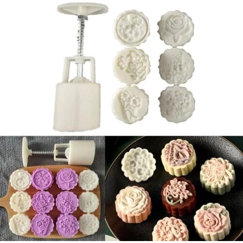 50g Mooncake Mold 4/6pcs 3D Flowers Stamps Hand Press Moon Cake Pastry Mould DIY Bakware Mid-autumn Festival Party Supplies